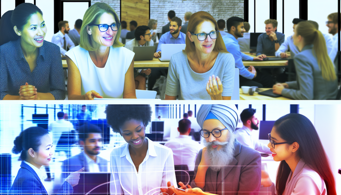 alt_text: Diverse teams collaborate digitally in a vibrant, tech-driven office, showcasing innovation's power.