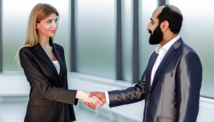 alt_text: Diverse professionals shaking hands in a corporate setting, symbolizing strategic business partnerships.