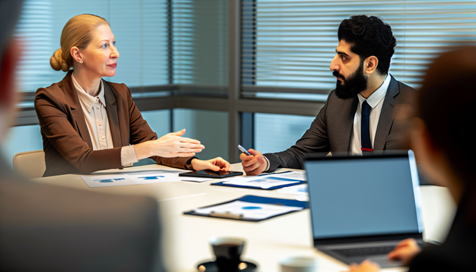 alt_text: Two professionals negotiate at a conference table, symbolizing strategic partnerships and collaboration.