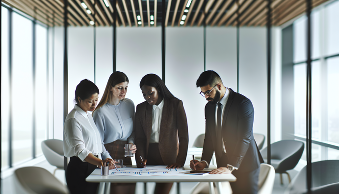 alt_text: Diverse professionals collaborate in a modern setting, analyzing growth strategies and data.